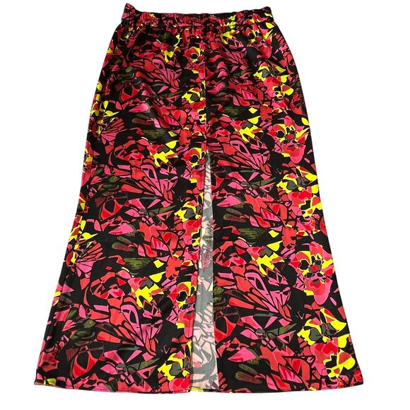 OPEN EDIT High Waist Abstract Floral Print Midi Skirt with Slit | Large | Neon - Picture 4 of 12